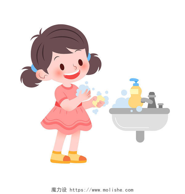 扁平风洗手池旁用香皂洗手的小女孩卫生健康知识宣传海报人物素材